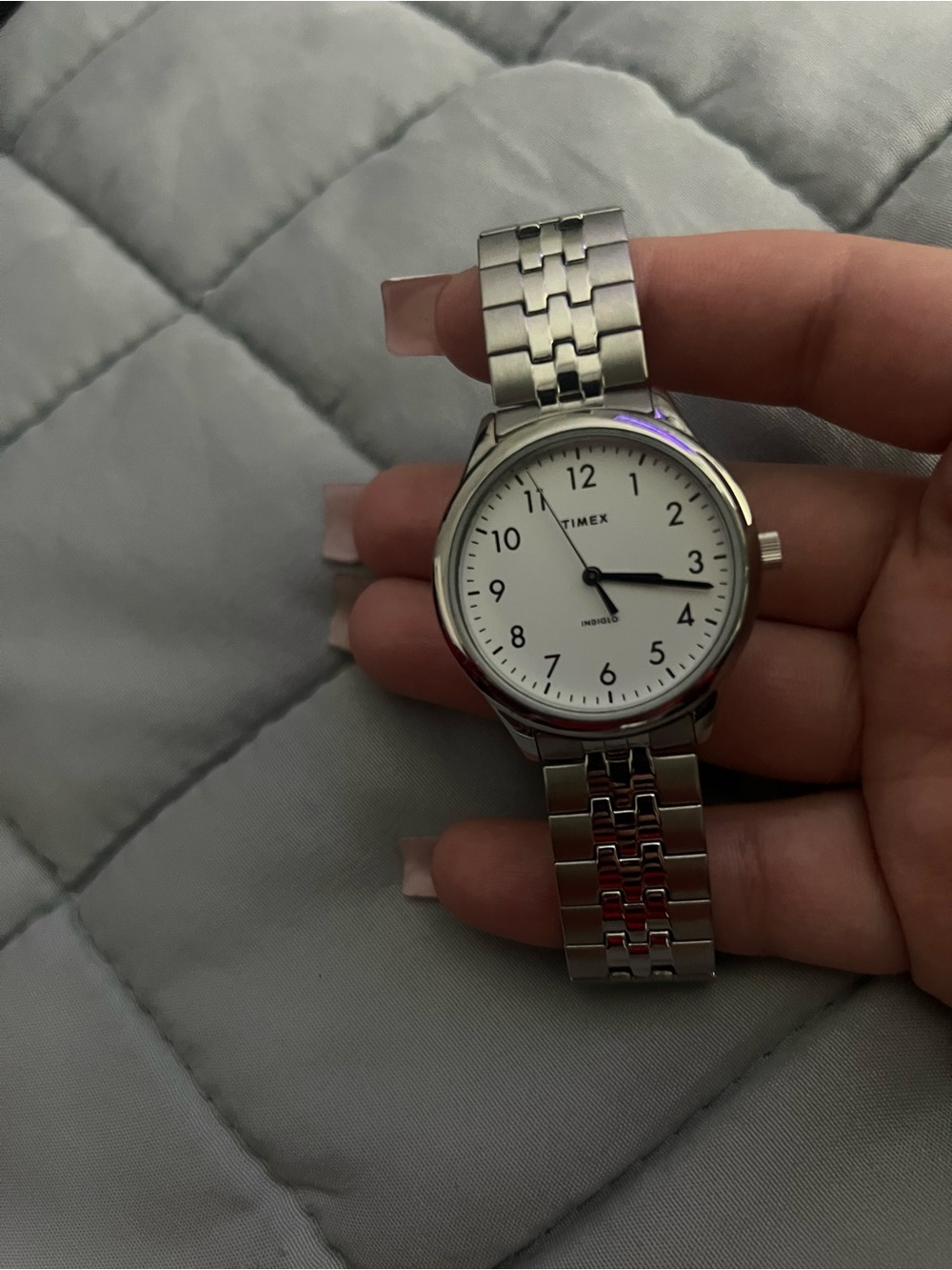 Timex Silver Watch with White Dial and Black Hands